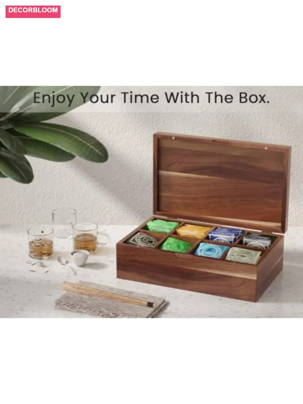 Acacia Wood Tea Bag Organizer with Lid, 8 Compartments Tea Storage Chest